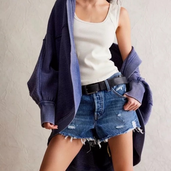 Free People Forever Yours Cardi We The Free Hooded Rib Hem Slouchy Midnight Rain - Picture 2 of 5